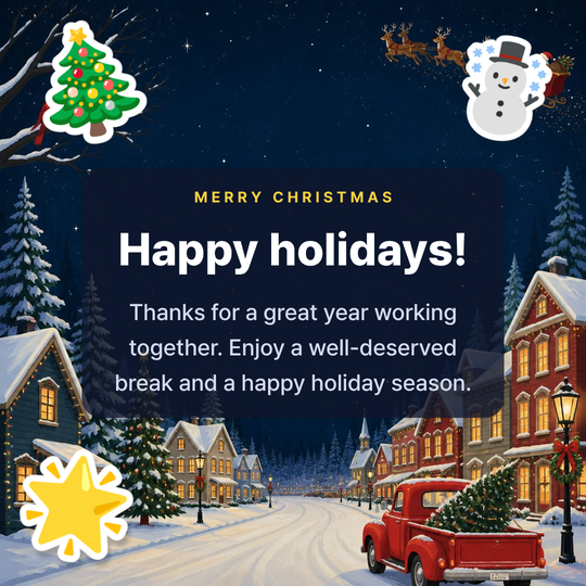 Christmas message image for coworkers (snowy town illustration)